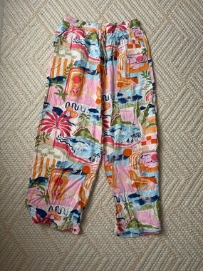 Women's Tropical Print Elastic Waist Pants - Pink Multi